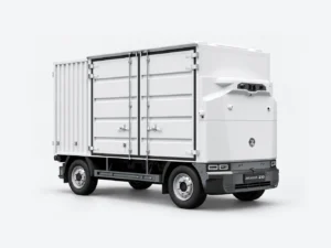 Witte Zelostech Z10 RoboVan schuin van rechtsvoor, met hoge laadbak en dubbele zijdeuren.