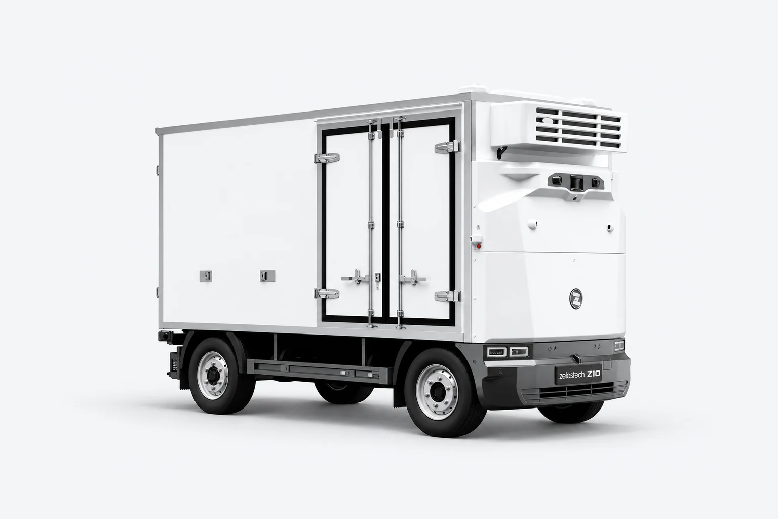 01-z10cc-rechter-voorkant Witte Zelostech Z10 Cold-Chain RoboVan schuin van rechtsvoor, met koelunit en dubbele geïsoleerde zijdeuren