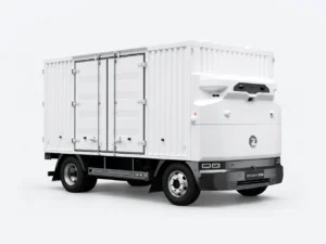 Witte Zelostech Z20 RoboTruck schuin van rechtsvoor, met geribde laadbak en dubbele zijdeuren.