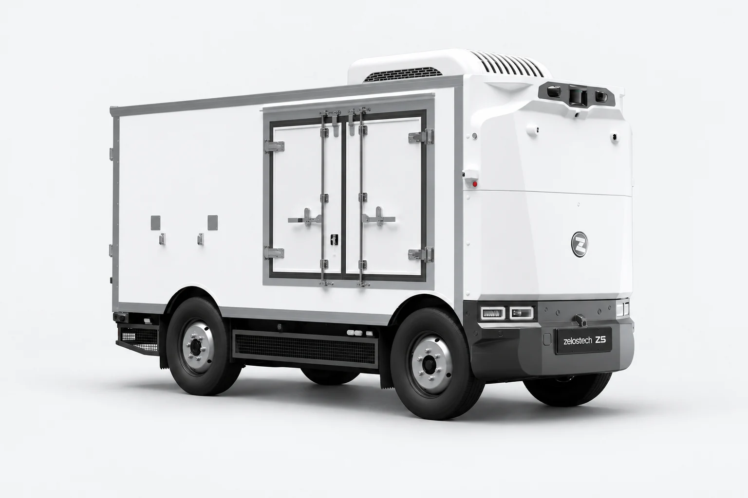 01-z5cc-rechter-voorkant Zelostech Z5 Cold-Chain RoboVan schuin van rechtsvoor, met dakkoelunit en gesloten geïsoleerde zijdeuren.