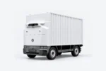 Witte Zelostech Z10 RoboVan schuin van linksvoor, met gesloten laadbak en zwarte onderbouw.