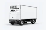 Witte Zelostech Z10 Cold-Chain RoboVan schuin van linksvoor, met koelunit en gladde geïsoleerde laadbak.