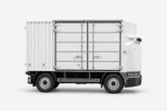 Rechterzijde van de Zelostech Z10 RoboVan met dubbele vrachtdeuren en metalen vergrendelstangen.