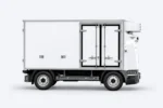 Rechterzijde van de Zelostech Z10 Cold-Chain RoboVan met dubbele geïsoleerde deuren en metalen vergrendelstangen.