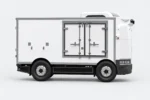 Rechterzijaanzicht van de Zelostech Z5 Cold-Chain RoboVan, met dubbele zijdeuren en stangvergrendeling.