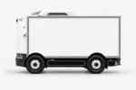 Linkerzijaanzicht van de Zelostech Z5 Cold-Chain RoboVan, met gladde witte laadbak en koelunit op het dak.