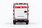 Achteraanzicht van de Zelostech Z5 RoboVan met achterdeur, veiligheidssticker en achterlichten