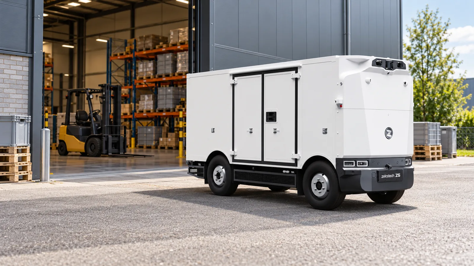 Zelostech RoboVan bij een bedrijfshal met een magazijntruck voor het verplaatsen van pallets.