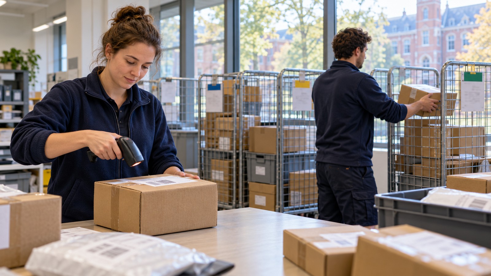 Campus logistics: medewerkers sorteren pakketten en verdelen ze over rolcontainers bij een centrale goederenontvangst.