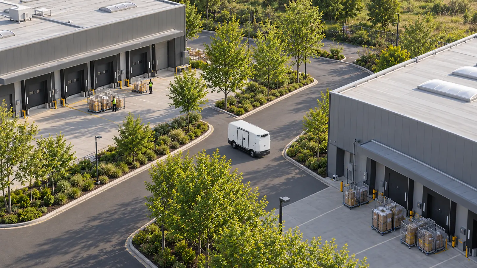 Middle mile logistics: RoboVan op een verbindingsweg tussen twee distributiegebouwen, schuin van boven gezien.