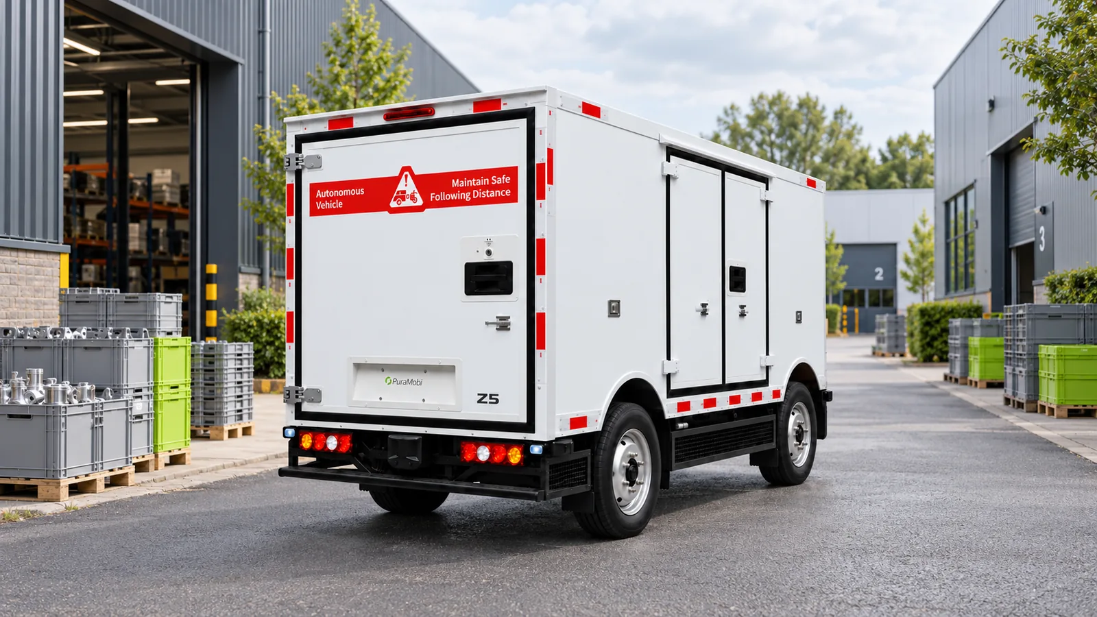 Z5 RoboVan op een bedrijfsterrein met laadplaatsen en herbruikbare kratten voor milk run logistiek.