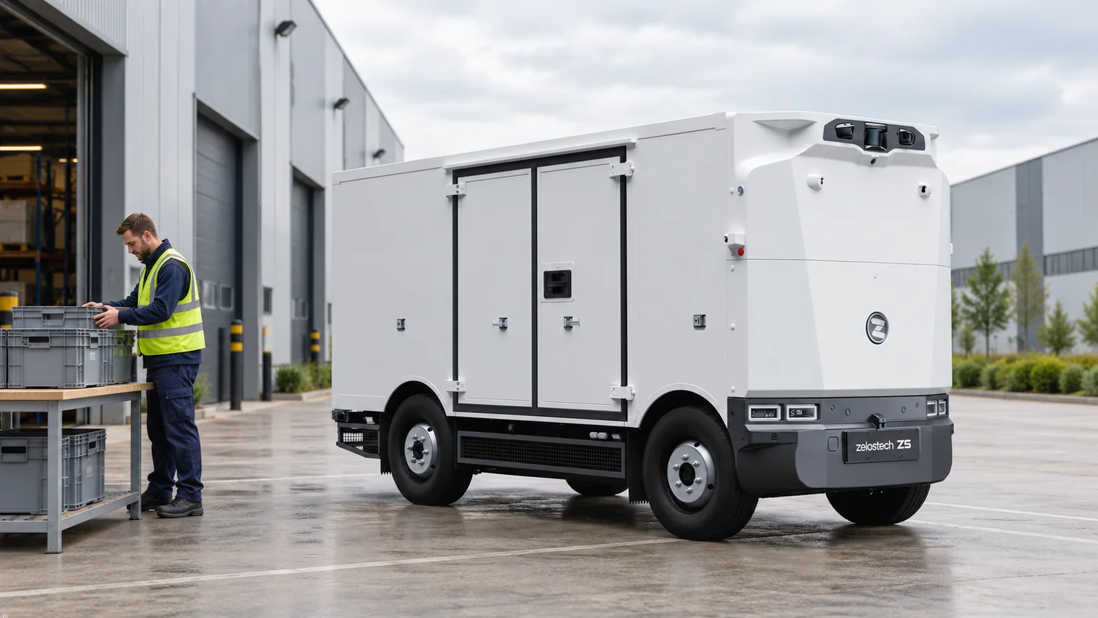 Robotisering logistiek: Zelostech Z5 RoboVan bij een bedrijfshal met een medewerker die grijze kratten klaarzet.