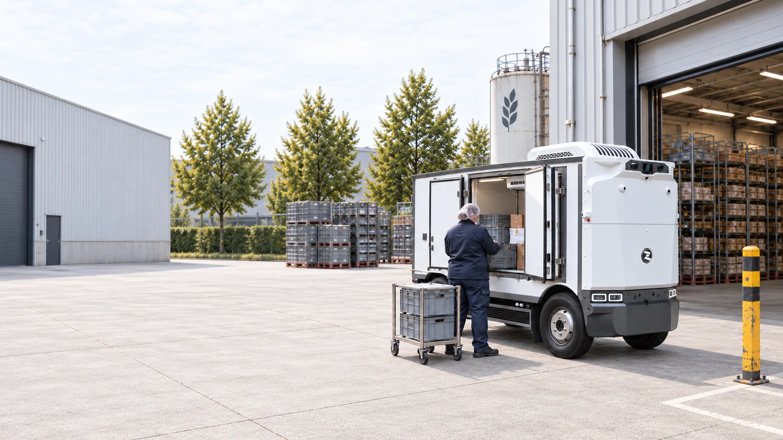 Zelostech-koelwagen voor autonoom koeltransport, met een medewerker die kratten lost bij een voedingsbedrijf.
